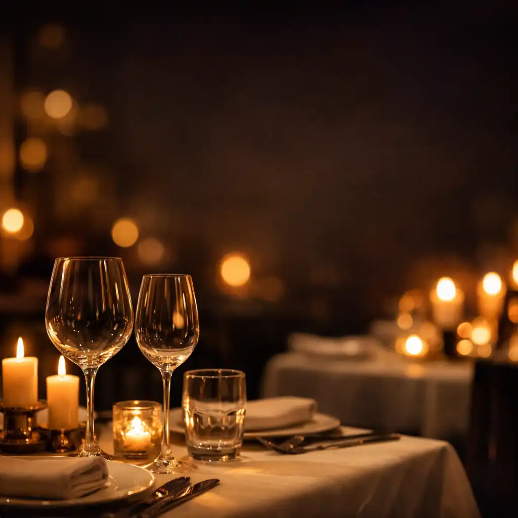 Elegantně prostřený stůl v restauraci s vinnými sklenicemi a svíčkami