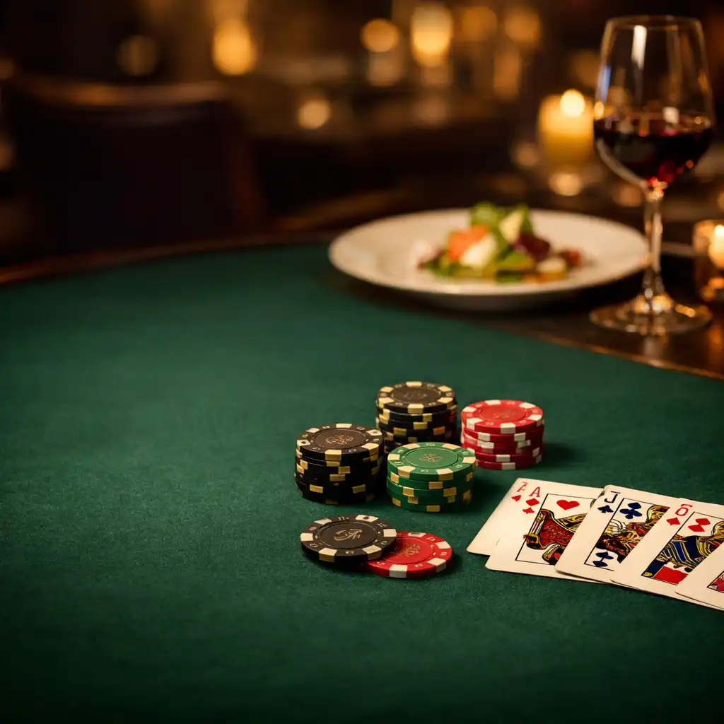 Elegantní pokerový stůl s kartami a žetony v sofistikovaném prostředí restaurace